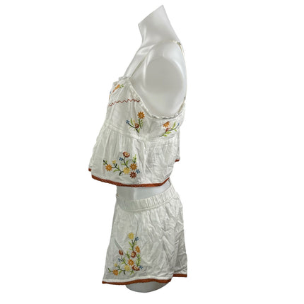 Anthropologie White Sleeveless Floral Embroidered Cami Top & Lounge Short Sets M