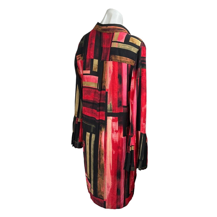 Rafaella Red Abstract Print Button Down Collar Bell Sleeve Midi Shirt Dress Sz 6