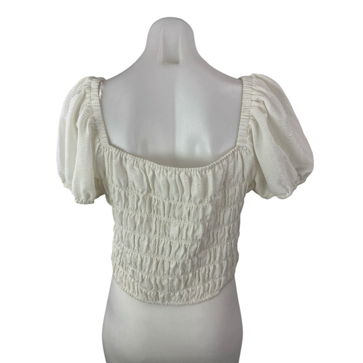 Elodie White Smocked Square Neck Short Puff Sleeve Peasant Crop Blouse Top Sz XL