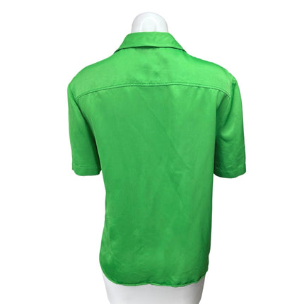 Zara Women's Green Silk Satin Collared Short Sleeve Button Down Shirt Top Size S