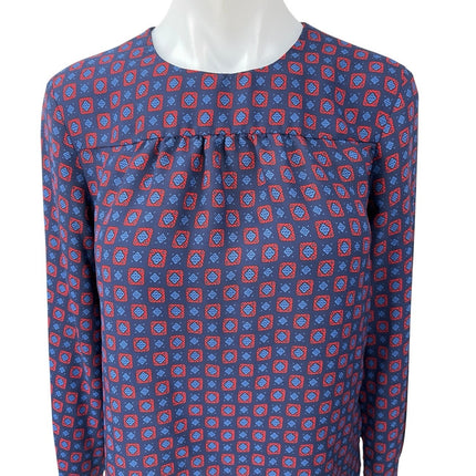 GAP Women's Blue Red Geometric Printed Long Sleeve Pleated Blouse Top Size XS
