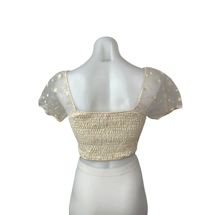 Le Lis Daisy Womens Floral Tulle Sheer Mesh Ruched Puff Sleeve Corset Crop Top S