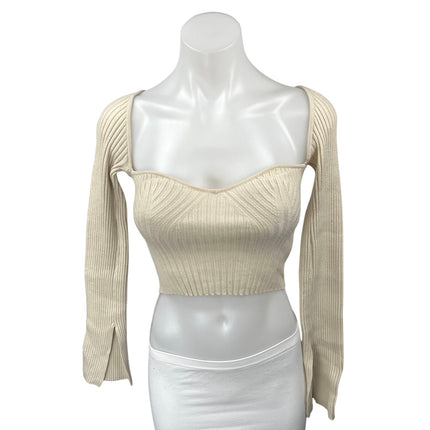 Urban Outfitters Beige Ribbed Knit Long Sleeve Slit Sweetheart Crop Top Size XS
