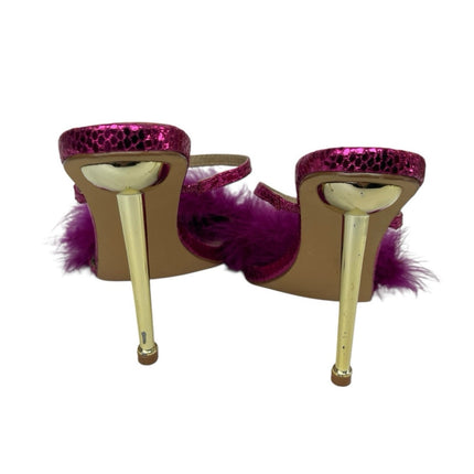 SheIn Women's Purple Fuzzy Fur Pointed Toe Slip On Gold Stiletto Heels Sandals 8