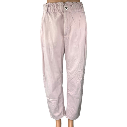 Zara Women's Pink Denim High Rise Straight Leg Paper Bag Trousers Pants Jeans 10