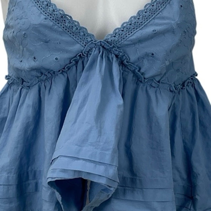 BP. Blue Lace Eyelet V Neck Sleeveless Crop Babydoll Peplum Camisole Tank Top S