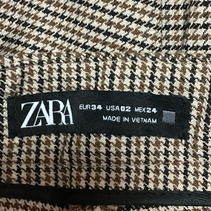 ZARA Beige Houndstooth Print Mid Rise Flat Front Career Tapered Dress Pant Sz 2