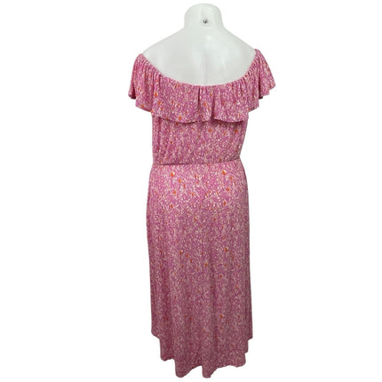 MNG Mango Pink Floral Off The Shoulder Ruffle Pleated A Line Maxi Dress Size 16