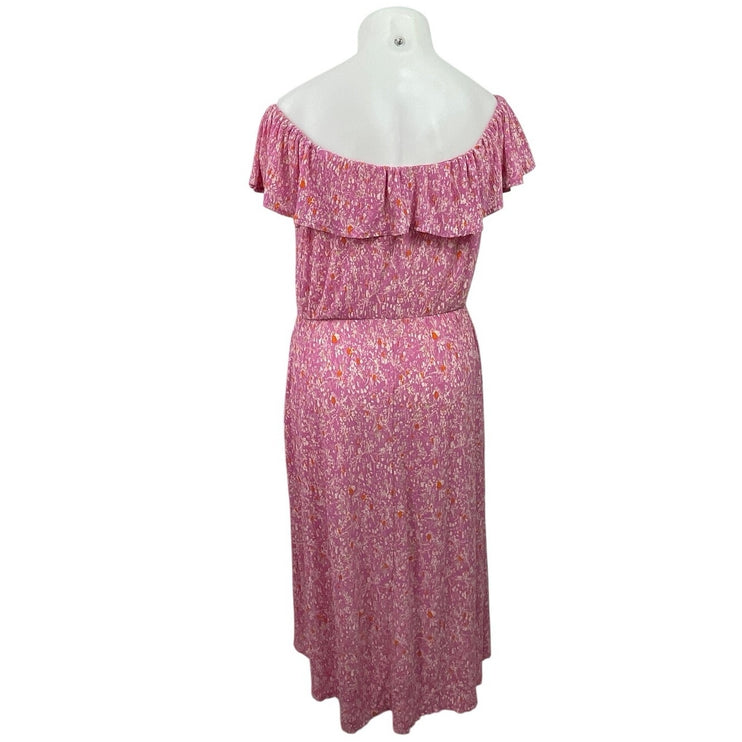 MNG Mango Pink Floral Off The Shoulder Ruffle Pleated A Line Maxi Dress Size 16
