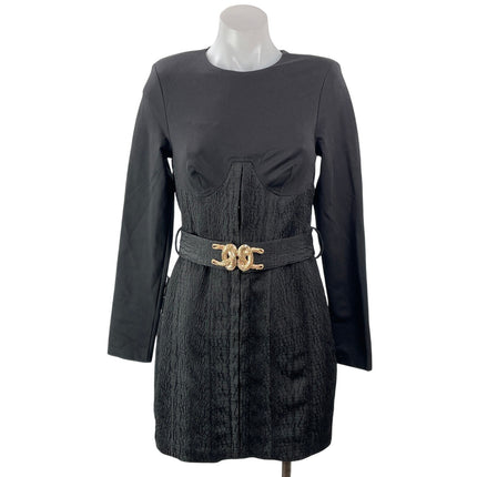 NEW Bebe Black Long Sleeve Belted Bustier Crew Neck Mini Sheath Dress Size 4