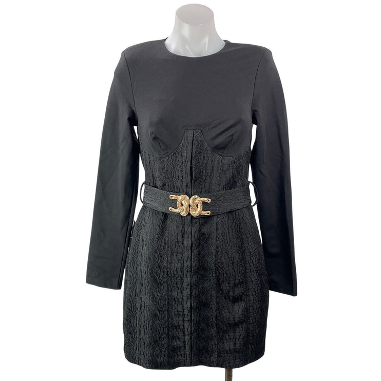NEW Bebe Black Long Sleeve Belted Bustier Crew Neck Mini Sheath Dress Size 4