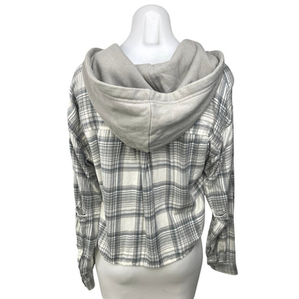 American Eagle Gray Plaid Cozy Cabin Flannel Crop Hoodie Hooded Shirt Top Size S