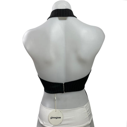 NEW Gimaguas Women Dark Gray Halter Striped Open Back Vest Crop Ring Top Size XS