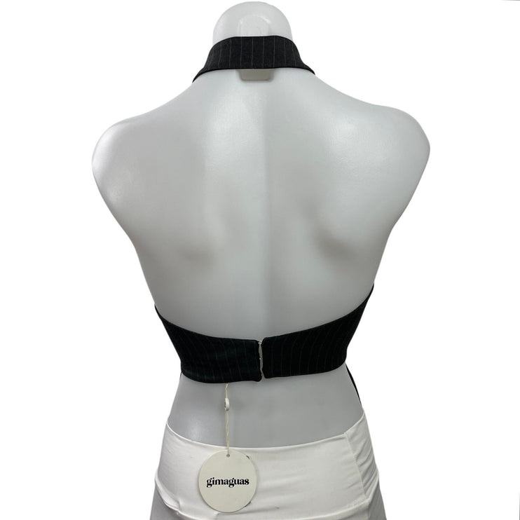 NEW Gimaguas Women Dark Gray Halter Striped Open Back Vest Crop Ring Top Size XS
