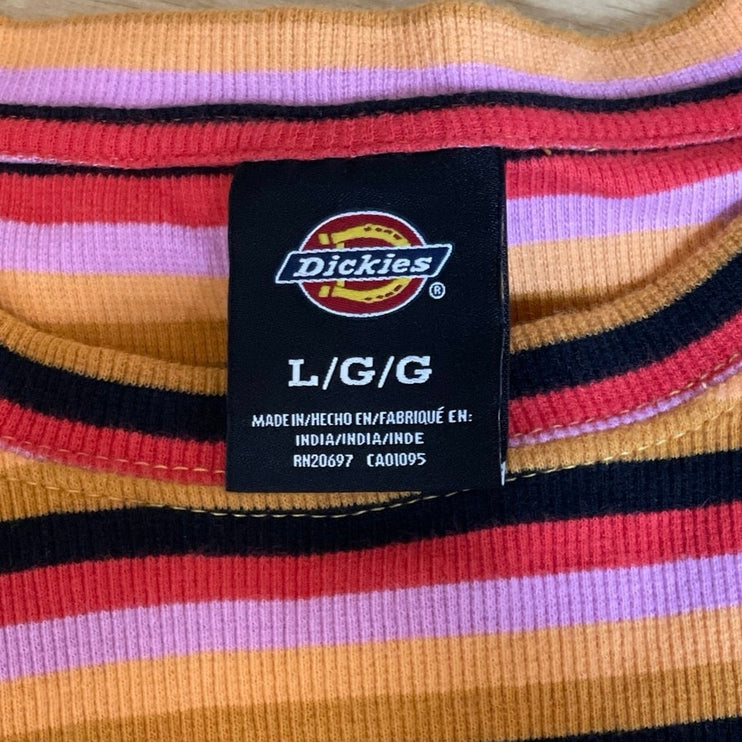 Dickies Women's Multicolor Striped Retro Short Sleeve Crop T Shirt Tee Top Sz L