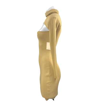 NEW Superdown Tasha Toast Beige Rib Knit Cutout Turtleneck Mini Bodycon Dress S