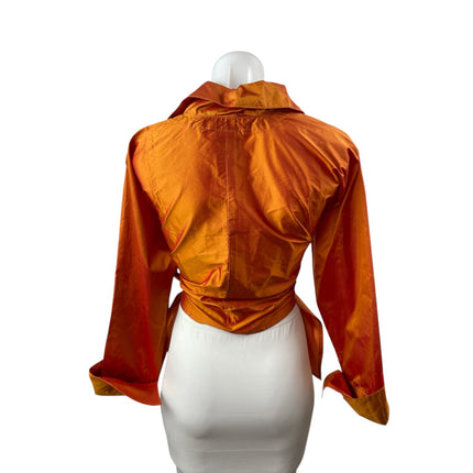 Zuzka Women's Rust Coral Silk Satin Long Sleeve Tie Waist Shirt Blouse Top OS
