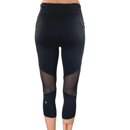 Lululemon On Pace Crop Black Mesh Yoga Workout Athletic Tight Leggings Pants 4