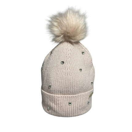 Michael Kors Cream Crystal Rhinestone Embellished Rib Cuff Hat Beanie One Size