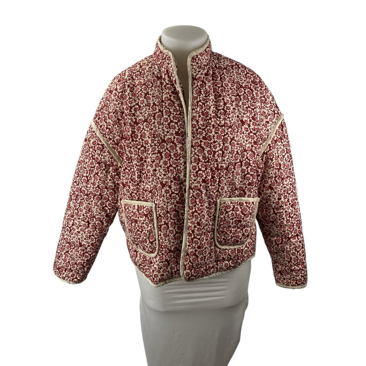 Womens Pink Floral Print Quilted Long Dolman Sleeve Quilted Puffer Coat Jacket L