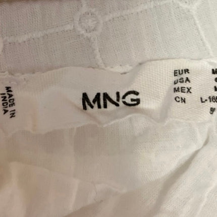 Mango MNG White Puff Sleeve Embroidered Checkered Tiered Midi A-Line Dress Sz 6