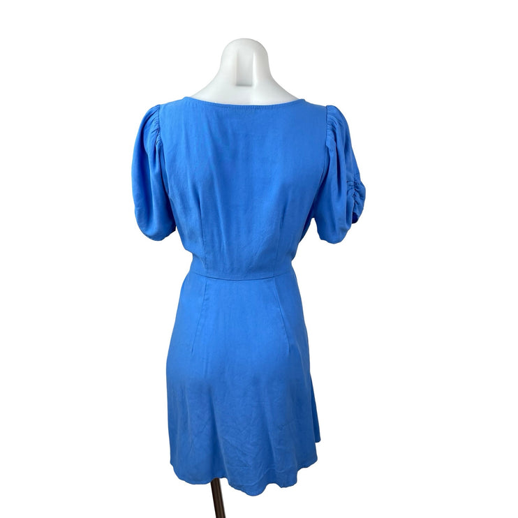 Madewell Blue Short Puff Sleeve Button Down Tie Waist V Neck A Line Mini Dress 4