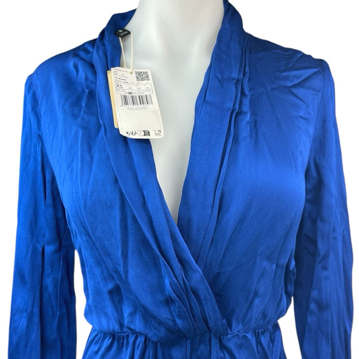 NEW MNG Blue Silky Satin V-neck Faux Wrap Long Sleeve Romper Jumpsuit Size XS