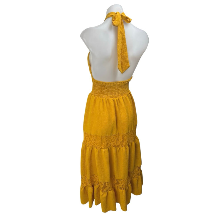 Lulus Sunshine Fine Yellow Sleeveless Lace Tiered Halter Midi A-Line Dress Sz XS