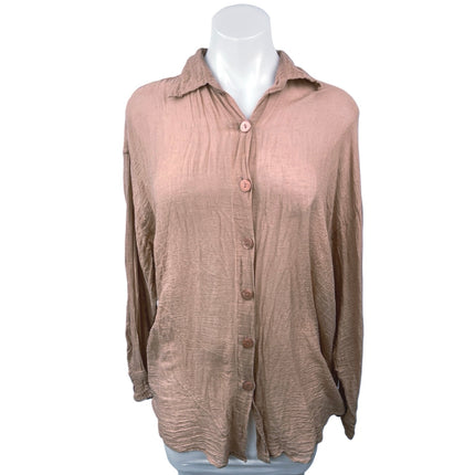 TAN + Lines Tulum Brown Tan Linen Button Down Sheer Swim Cover Up Shirt Top Sz S