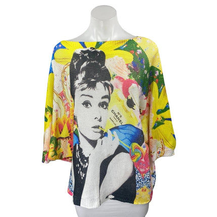 Women's Multicolor Audrey Hepburn Comics Knit Half Sleeve Sweater Top Size 3