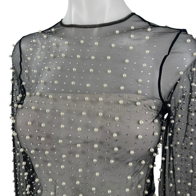Women's Black Mesh Sheer Pearl Beaded Embellished Long Sleeve Crop Top Size S