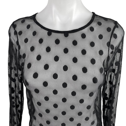 Zara Women Black Long Sleeve Polka Dots See Through Mesh Sheer Blouse Top Size 8