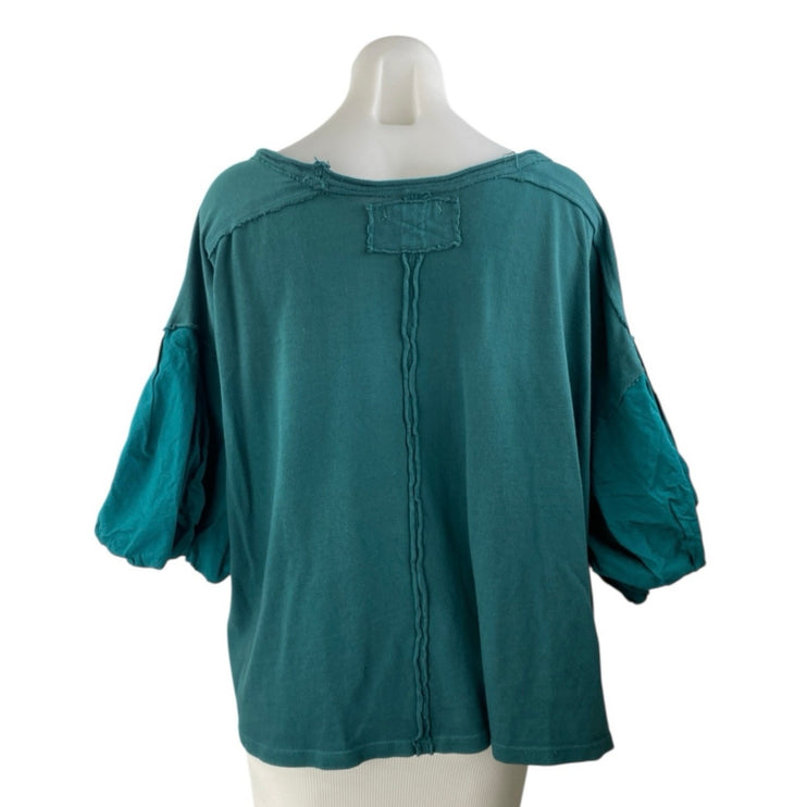 Free People Blossom Blue Green Puff Sleeve Drop Shoulkder Tee Blouse Top Size M