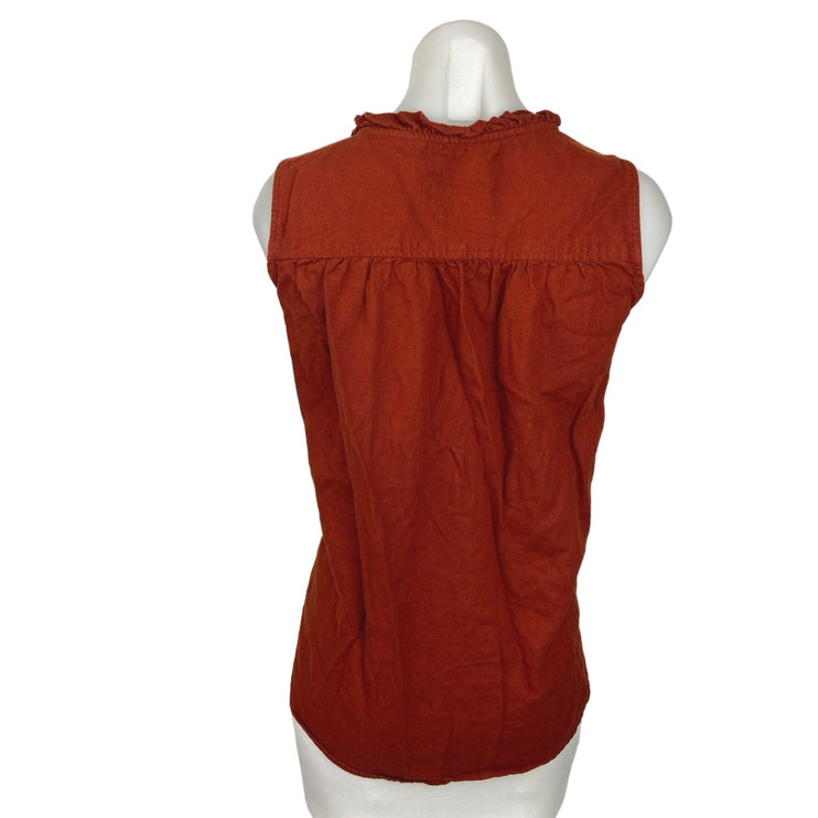 Sonoma Brown Linen Sleeveless Crew Neck Ruffle Button Down Shirt Top Size L