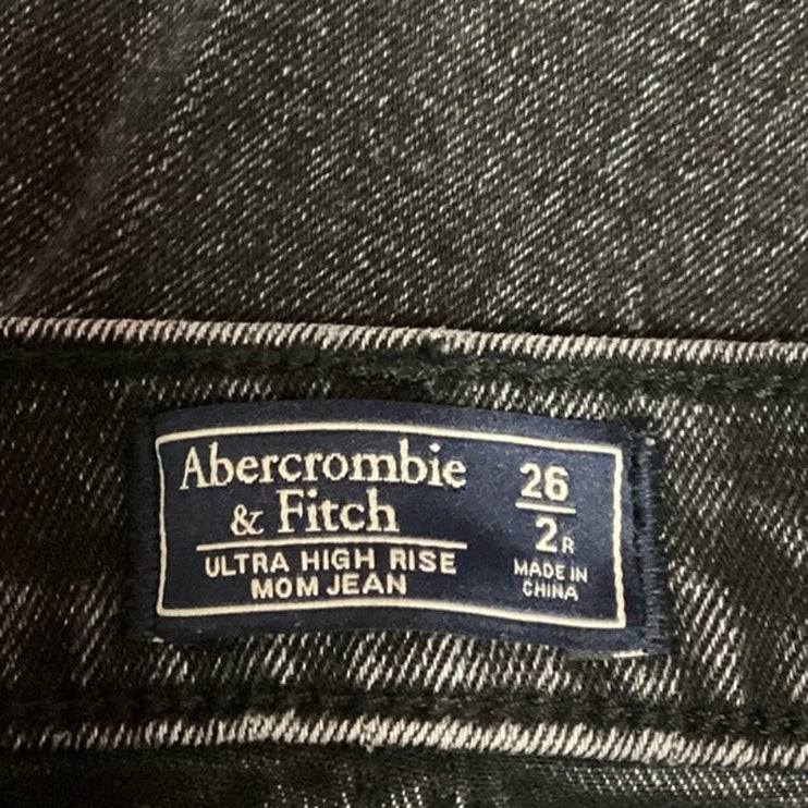 Abercrombie & Fitch Black Denim Distressed Ultra High Rise Mom Jeans Size 26