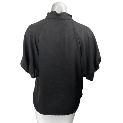CeCe Women's Black Short Puff Sleeve Ruffle V-Neck Blouse Shirt Top Size M