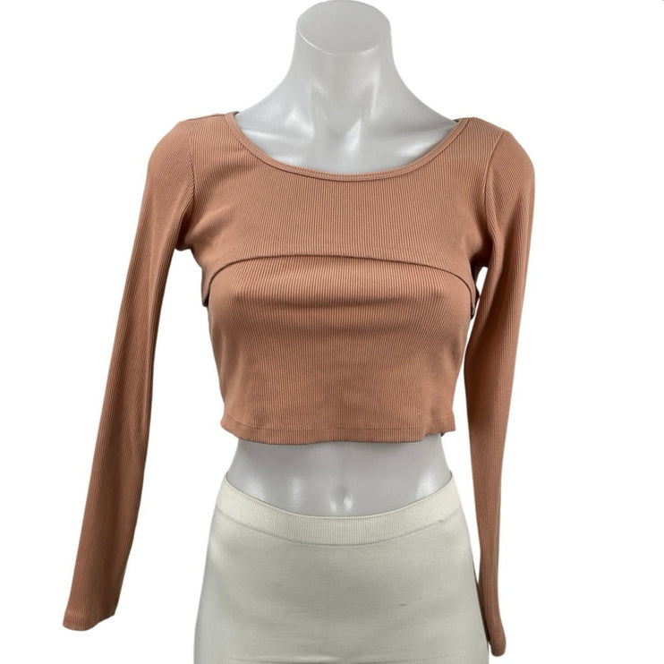Victoria's Secret Brown Long Sleeve Ribbed Knit Sculpt Stretch Crop Top Size M