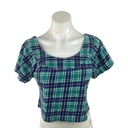 Vintage S.E.A.L Blue Green Ruckus Plaid Flannel Short Sleeve Crop Top Blouse S