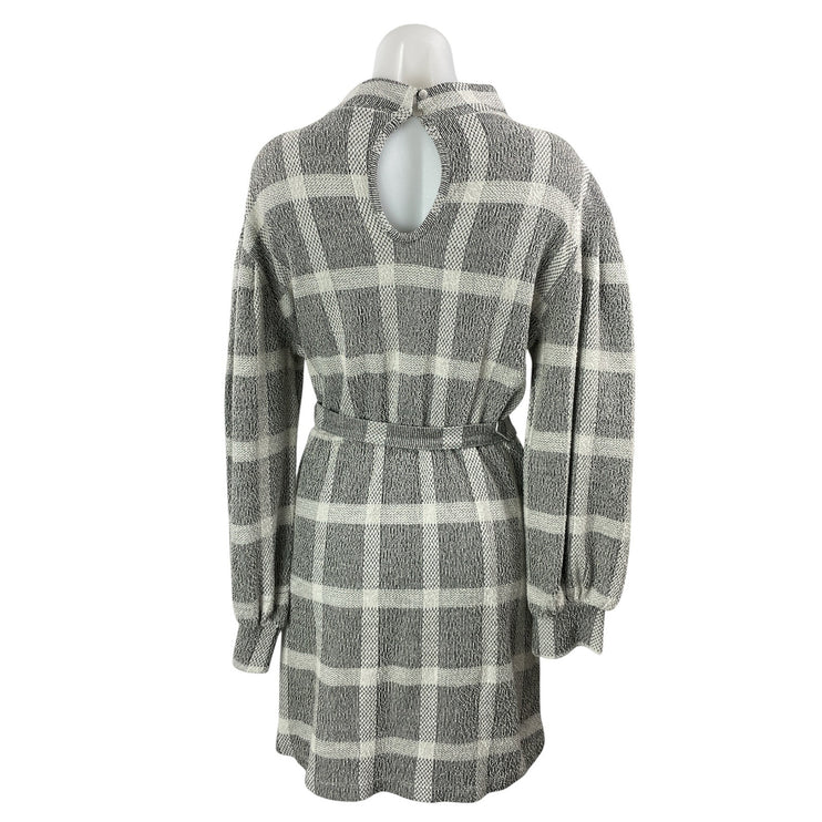 Free People Hampstead Gray Plaid Long Sleeve Mock Tie Mini Sweater Dress Size S