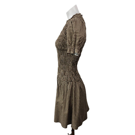 Reformation Leannah Brown Short Puff Sleeves Plaid Check Smocked Mini Dress Sz 2