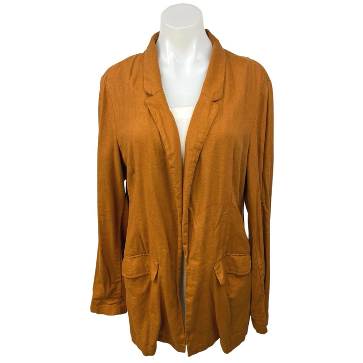 Old Navy Brown Linen Long Sleeve Collared Pocket Open Cardigan Coat Jacket Sz L