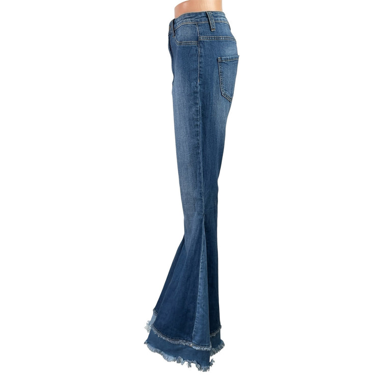Fashion Nova Women Blue Layered Patchwork Flare Bootcut Bell Bottom Denim Jean L