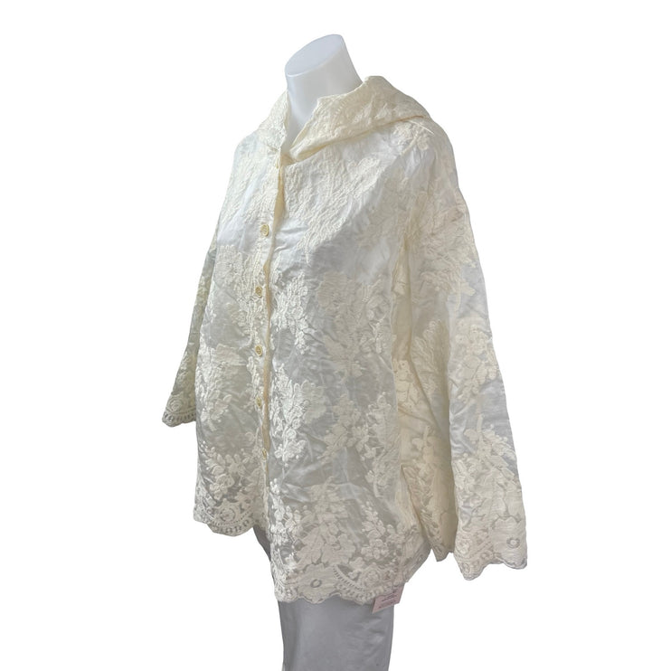 NEW Chenopod Ivory Floral Lace Hooded Long Sleeve Button Down Poncho Cape Top M