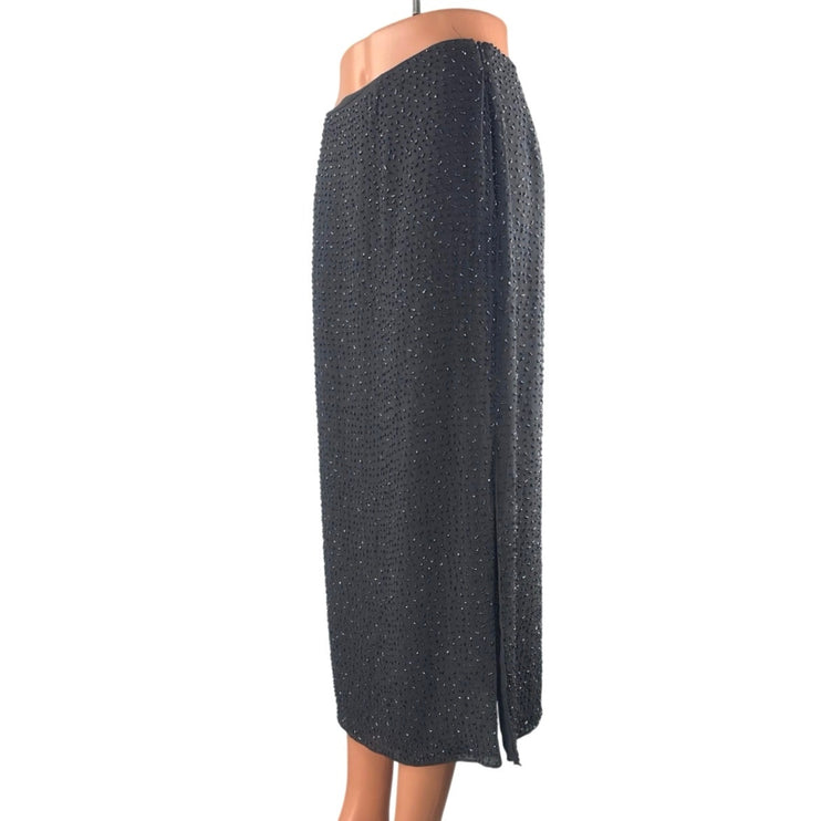 Dana Buchman Black Beaded Embellished High Waist Slit Straight Midi Skirt Size 6