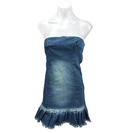 Daisy Street Blue Denim Strapless Sleeveless Ruffle Mini Bodycon Tube Dress Sz M
