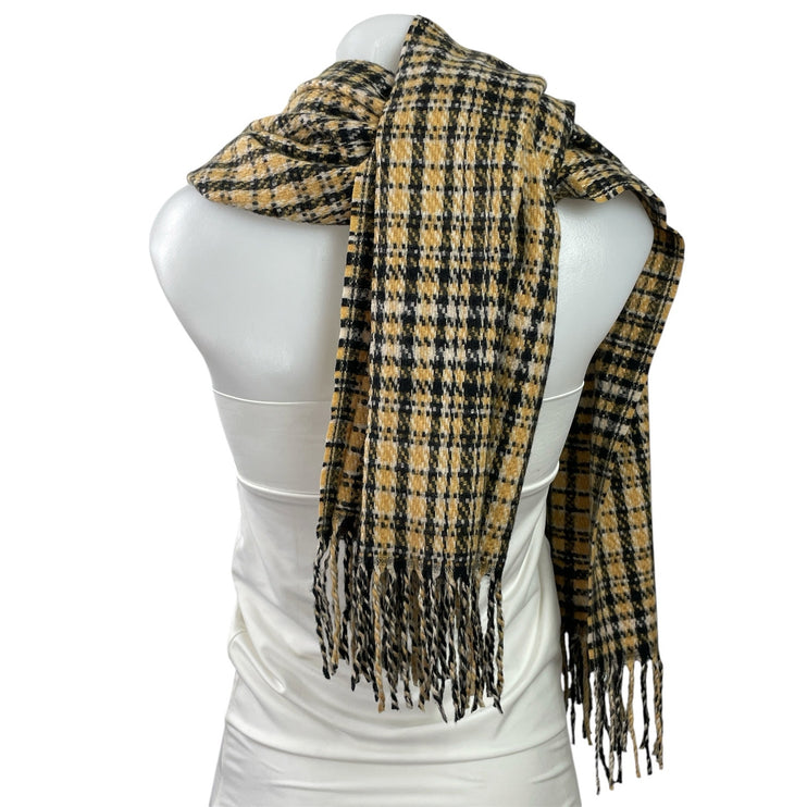 Women's Yellow Black Plaid Check Knit Fringe Snow Shawl Wrap Neck Scarf Size OS