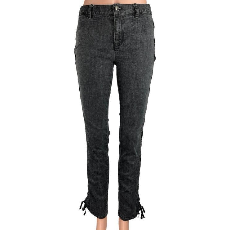 DKNY Jeans Women Black Mid Rise Flat Front Side Corset Lace Skinny Denim Jeans 3