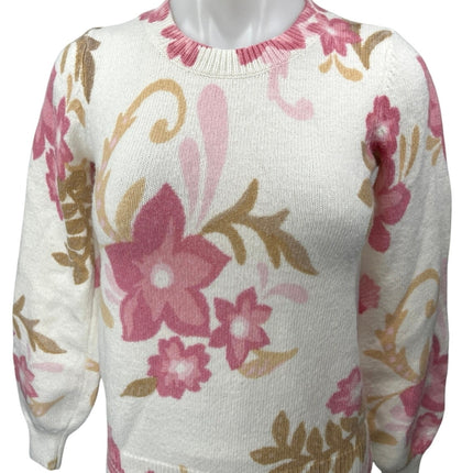 Ann Taylor LOFT Women's White Floral Crew Neck Pullover Sweater Top Size XXS