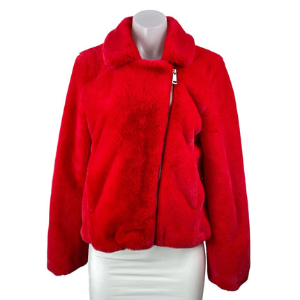Bagatelle NYC Women's Red Faux Fur Fleece Asymmetric Zip Sweater Jacket Size M