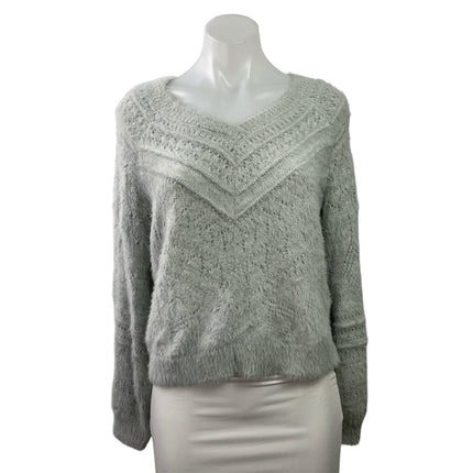 LC Lauren Conrad Gray Fuzzy V-neck Pointelle Chevron Long Sleeve Sweater Top S